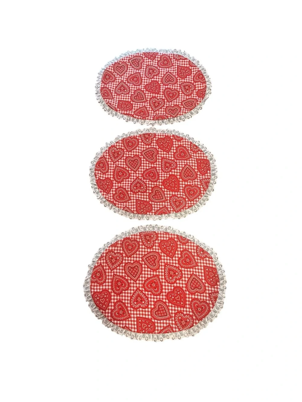 Red White Checkered Gingham Hearts Fabric Oval Placemats Lace Trim - Set of 6